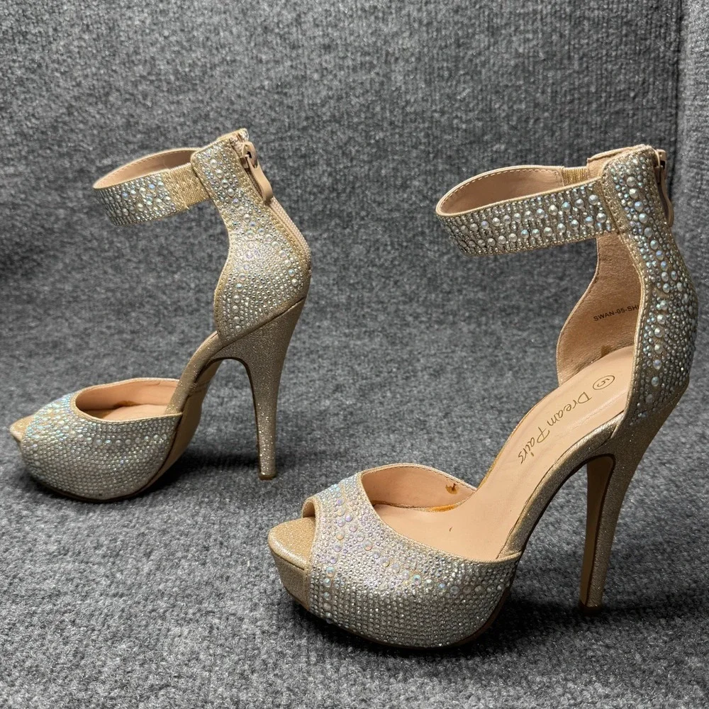 Dream Pairs Swan-05 Womens 5 Gold Rhinestone Stiletto Platform Ankle Strap Heels